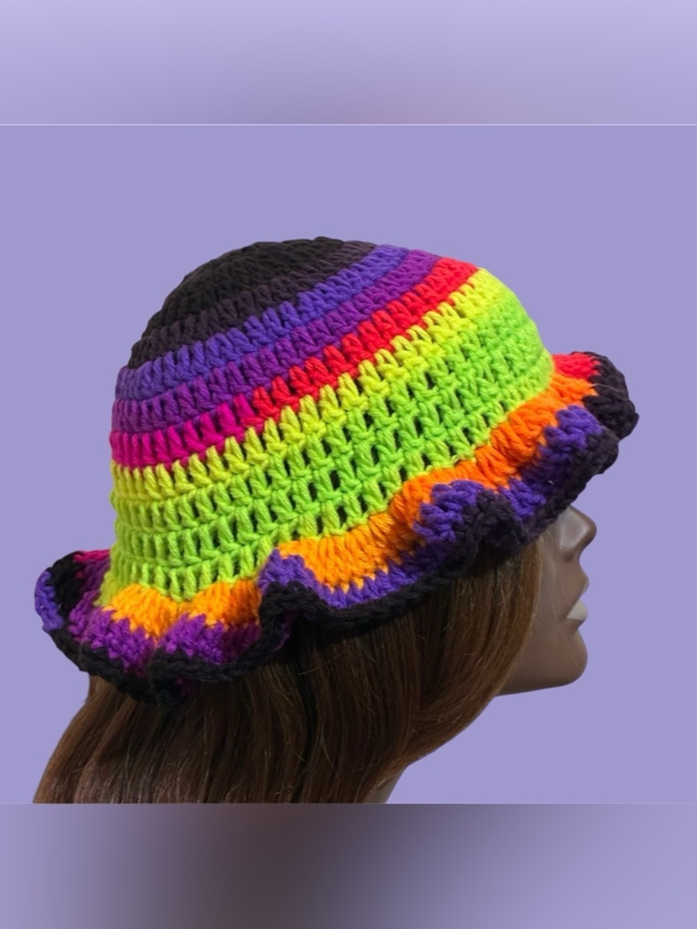 Hand-Crocheted Rainbow Bucket Hat - Bright Multicolor - Picture 2 of 4